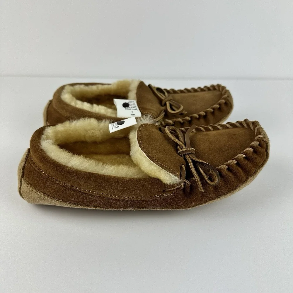 LL BEAN Kids Brown Suede Shearling‎ Lined Wicked Good Moc Slippers Size 3